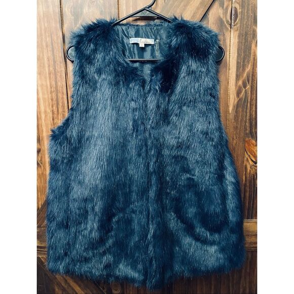 Cecico Faux Fur Winter Fall Blue Vest Sz Medium - Picture 1 of 7